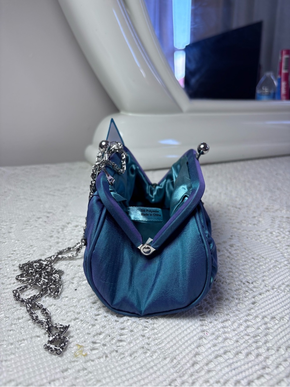 Teal Satin Kiss-Lock Crossbody Bag with Silver Chain